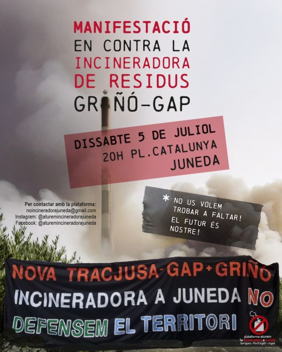 MANIFESTACIÓ CONTRA LA INCINERADORA dissabte 5 de juliol a Juneda.